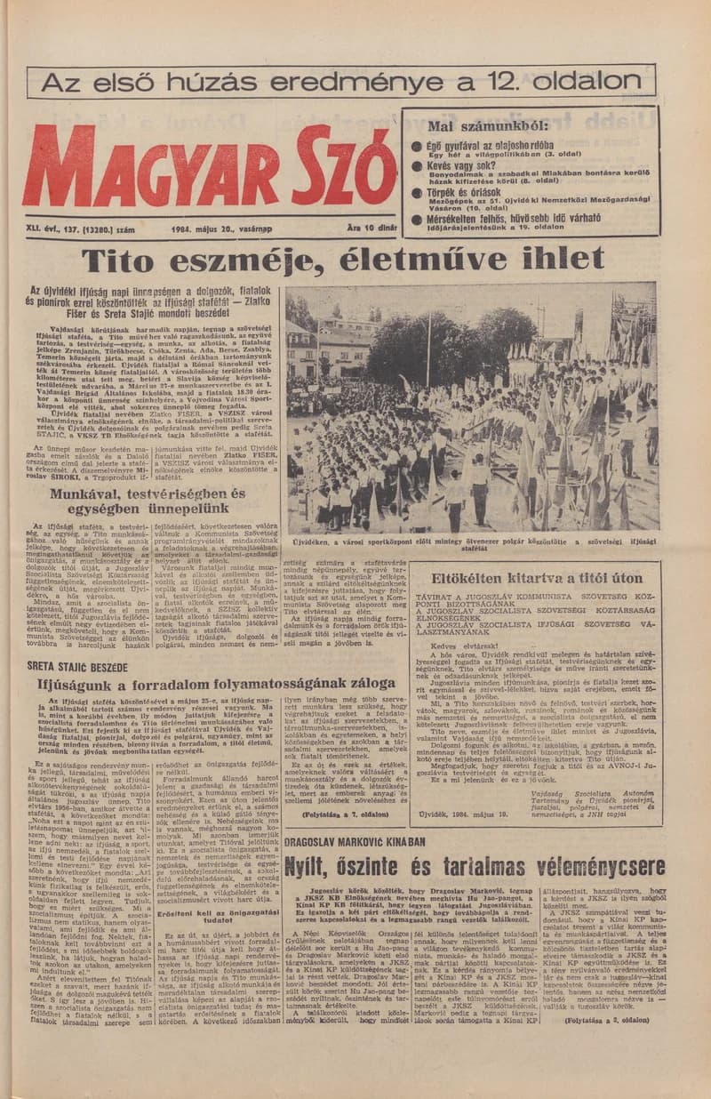 Magyar Szó, 41. évf. 1984. május 20. 137. sz. 1–36. oldal