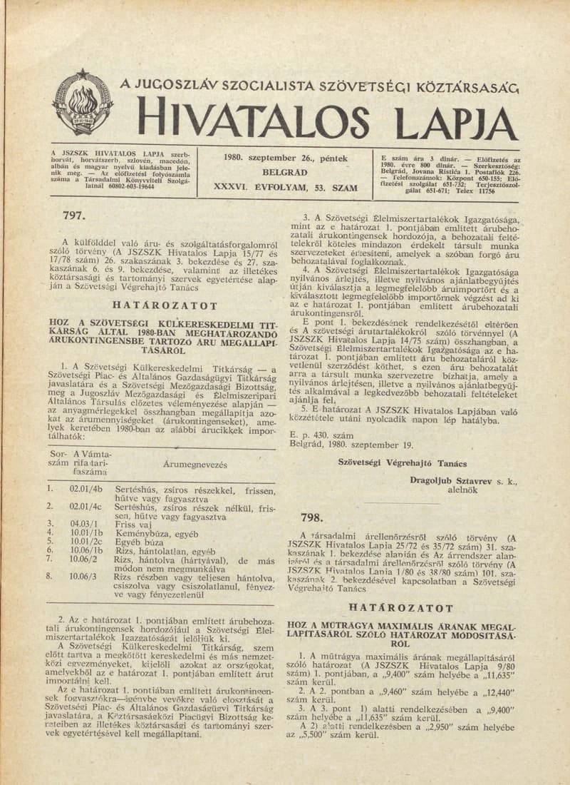 A Jugoszláv Szocialista Szövetségi Köztársaság Hivatalos Lapja, 36. évf. 1980. szeptember 26. 53. sz. 1605–1612. oldal