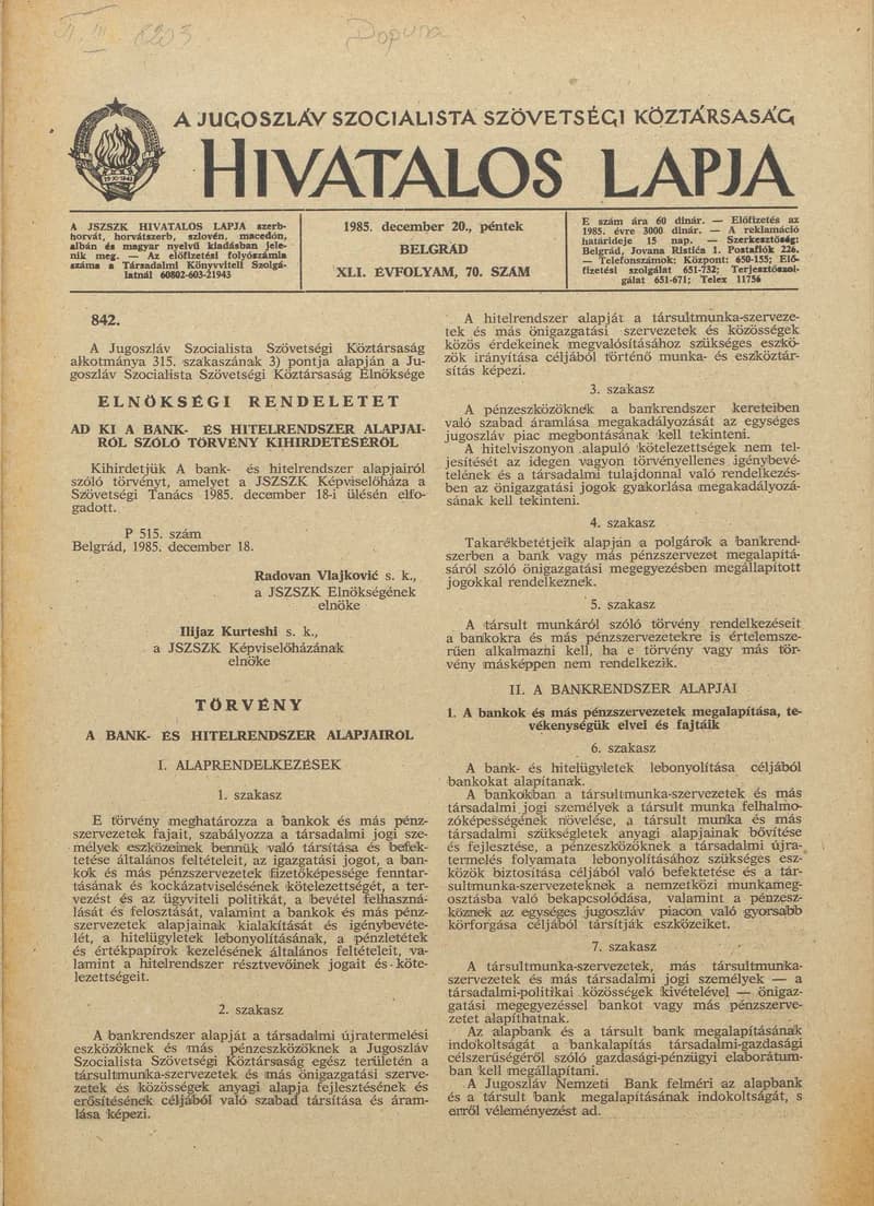 A Jugoszláv Szocialista Szövetségi Köztársaság Hivatalos Lapja, 41. évf. 1985. december 20. 70. sz. 1937–1968. oldal