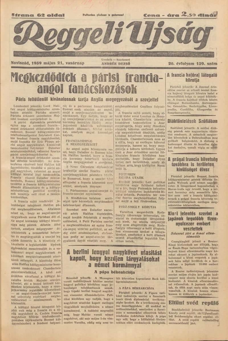 Reggeli Újság, 20. évf. 1939. május 21. 139. sz.