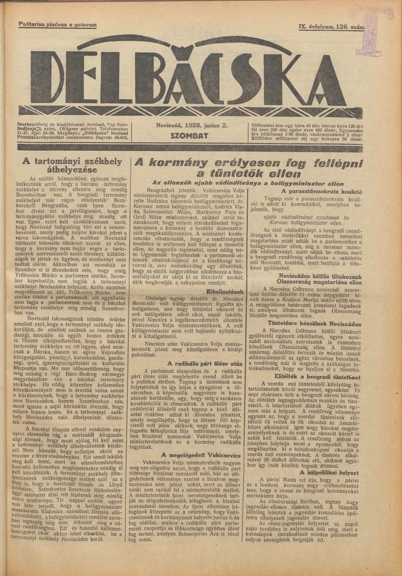 Délbácska, 9. évf. 1928. június 2. 126. sz.