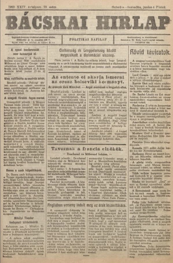 Bácskai Hirlap, 24. évf. 1920. június 4. 79. sz.
