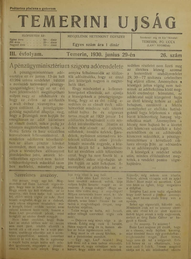 Temerini Újság 1928-1944, 3. évf. 1930. június 29. 26. sz.