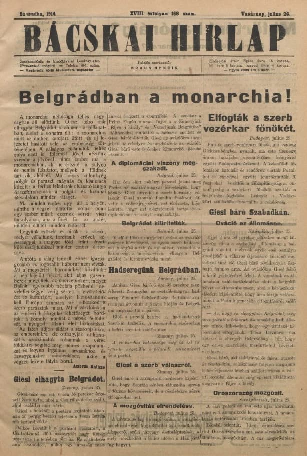 Bácskai Hirlap, 18. évf. 1914. július 26. 168. sz.