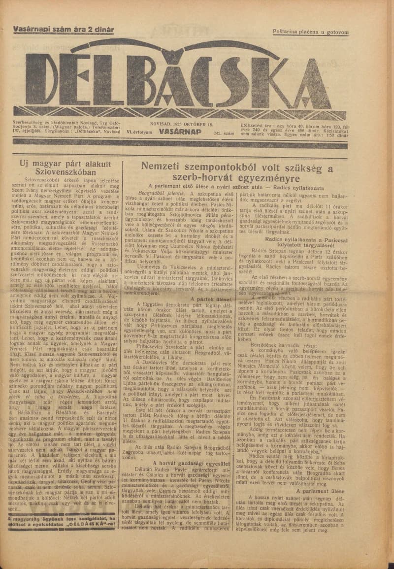 Délbácska, 6. évf. 1925. október 18. 242. sz.