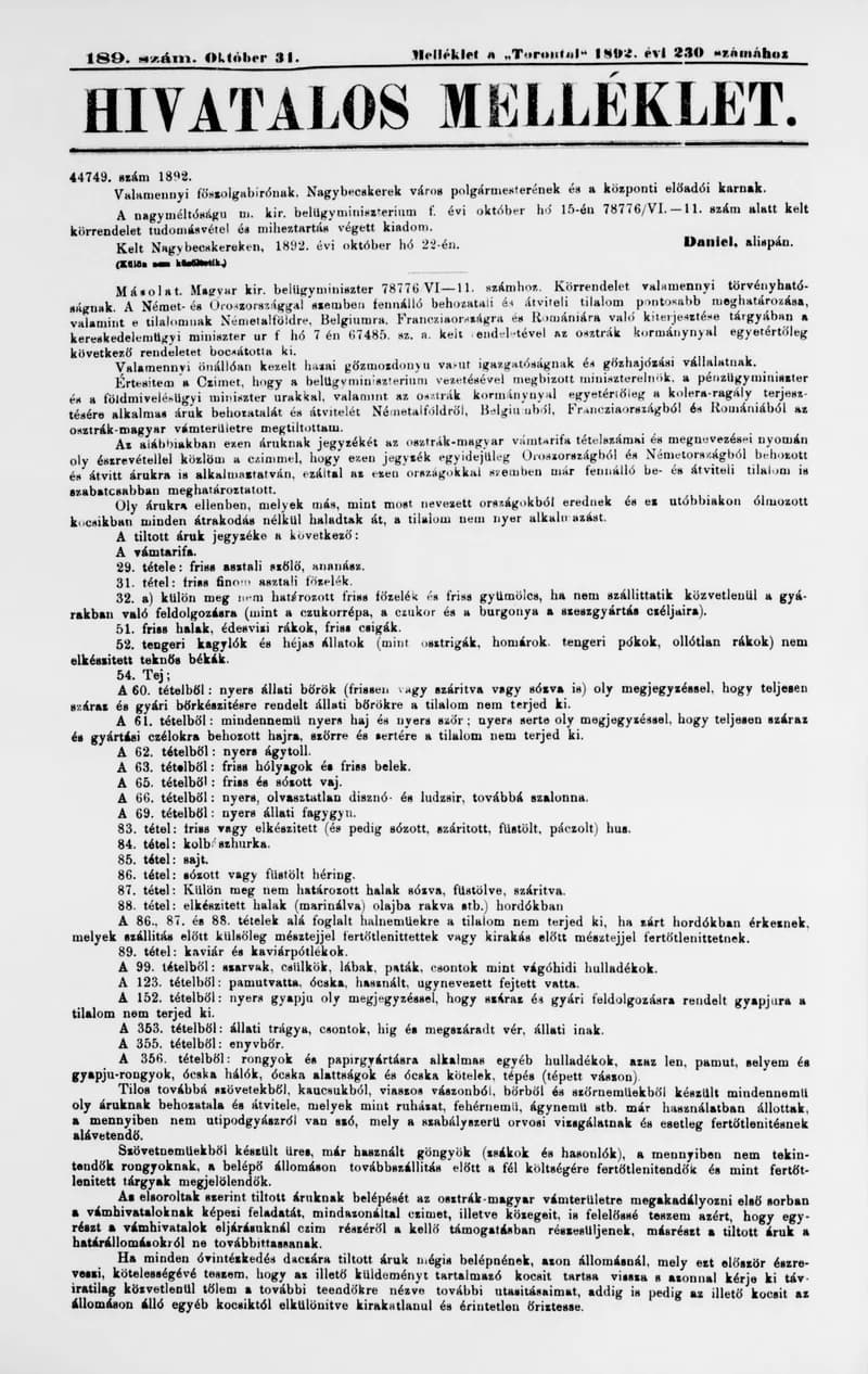 A Totontál  hivatalos melléklete, 5. évf. 1892. október 31. 189. sz.