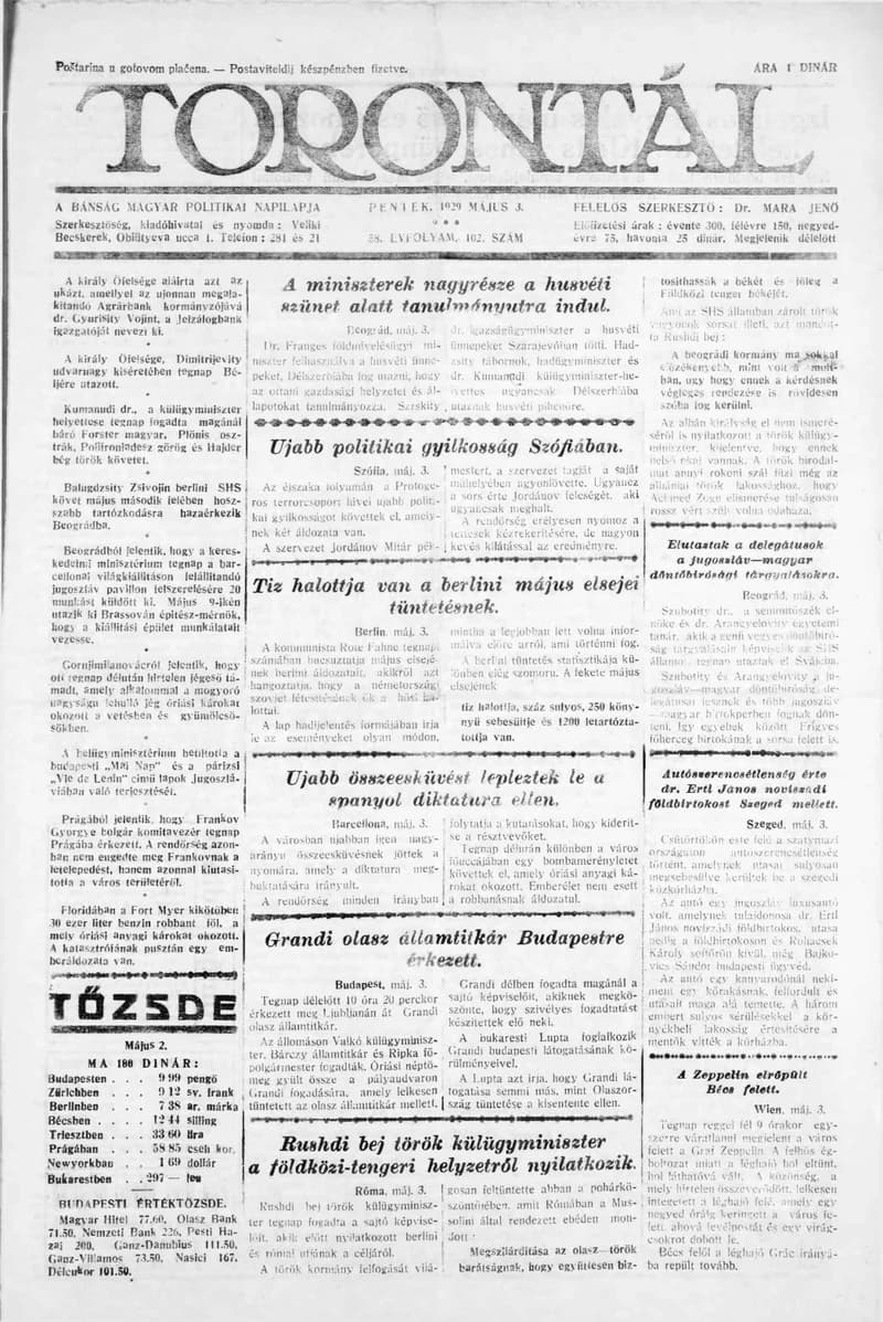 Torontál, 58. évf. 1929. május 3. 102. sz.