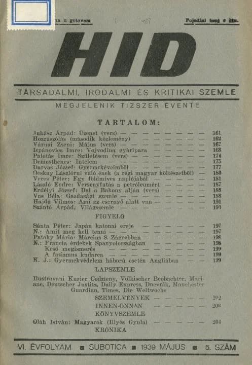 Híd, 6. évf. 1939. május. 5. sz. 161–208. oldal