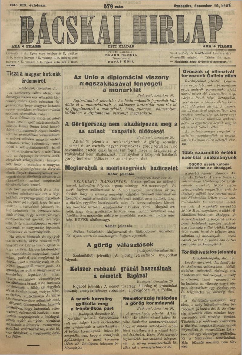 Bácskai Hirlap, 19. évf. 1915. december 20. 579. sz.