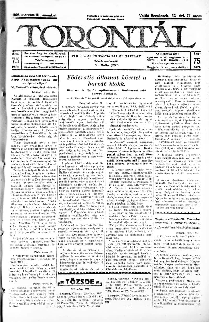 Torontál, 52. évf. 1923. március 31. 74. sz.