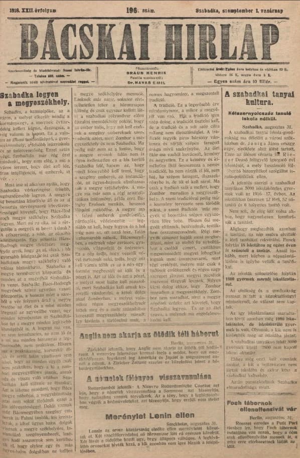 Bácskai Hirlap, 22. évf. 1918. szeptember 1. 196. sz.