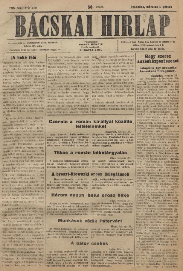 Bácskai Hirlap, 22. évf. 1918. március 1. 50. sz.