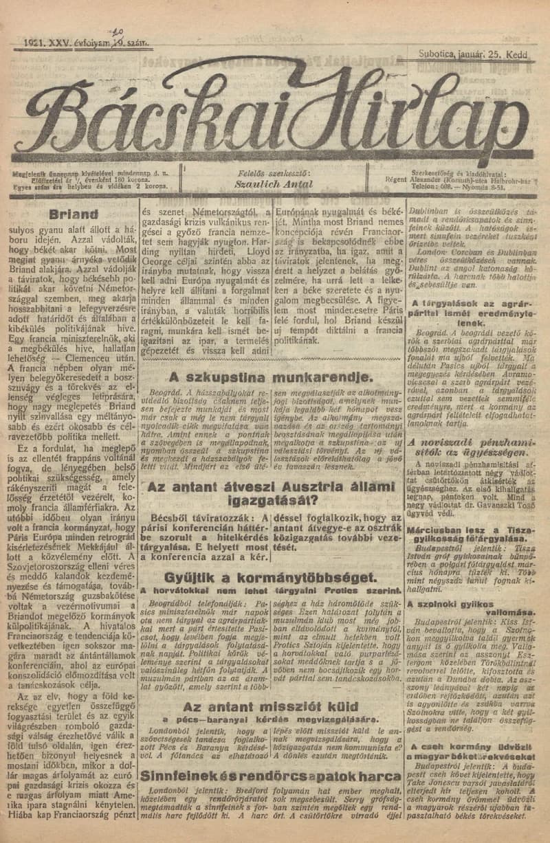 Bácskai Hirlap, 25. évf. 1921. január 25. 20. sz.