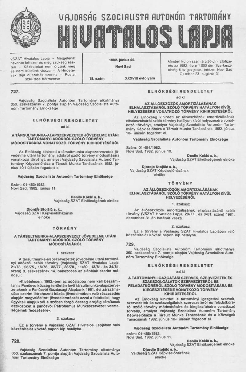 Vajdaság Szocialista Autonóm Tartomány Hivatalos Lapja, 38. évf. 1982. június 22. 18. sz.