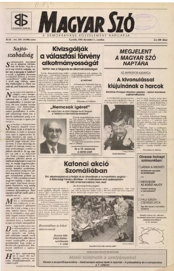 Magyar Szó, 49. évf. 1992. december 5. 333. sz. 1–16. oldal