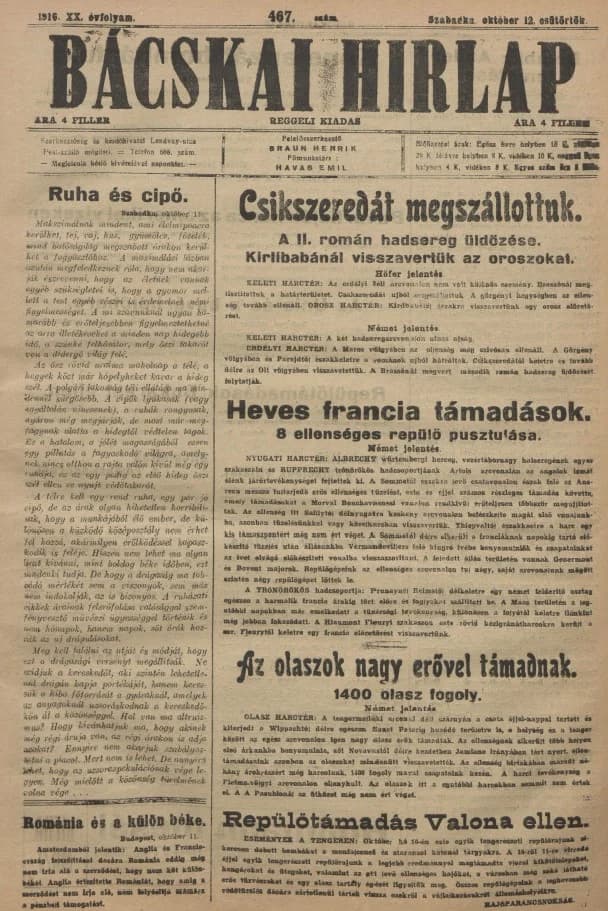 Bácskai Hirlap, 20. évf. 1916. október 12. 467. sz.