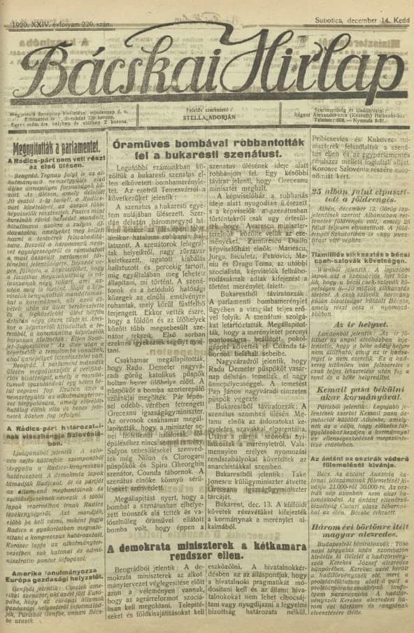 Bácskai Hirlap, 24. évf. 1920. december 14. 220. sz.