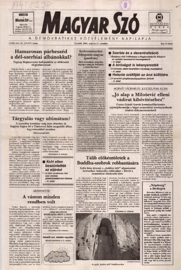 Magyar Szó, 58. évf. 2001. március 3. 51. sz. 1–16. oldal