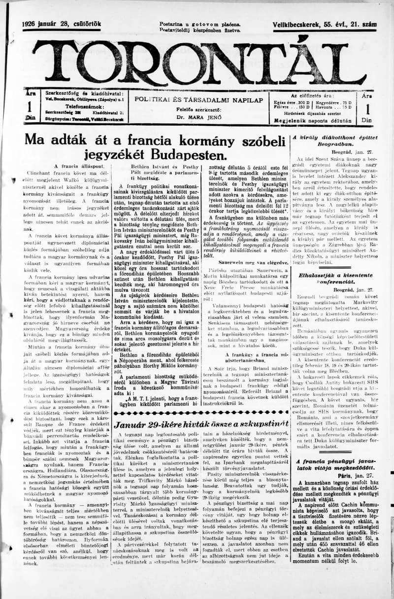 Torontál, 55. évf. 1926. január 28. 21. sz.