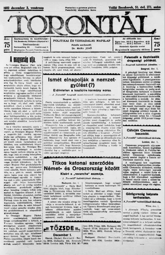 Torontál, 51. évf. 1922. december 3. 271. sz.