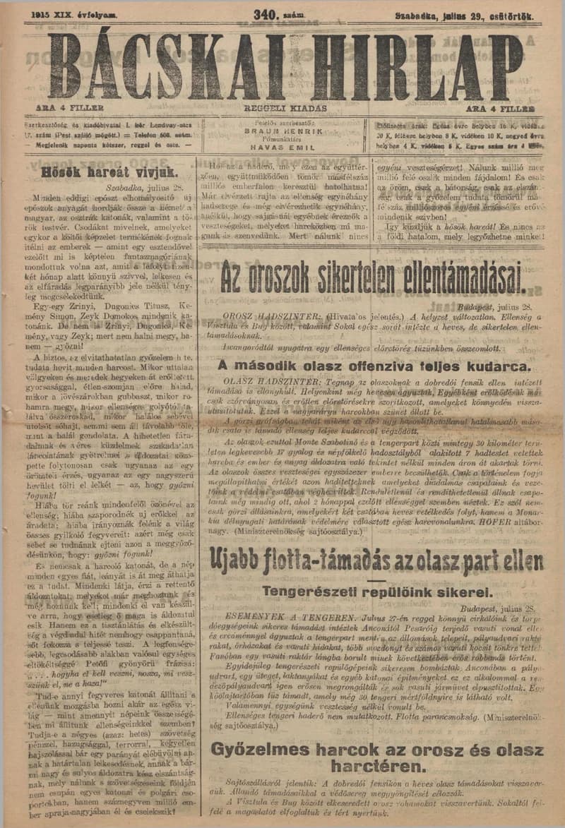 Bácskai Hirlap, 19. évf. 1915. július 29. 340. sz.