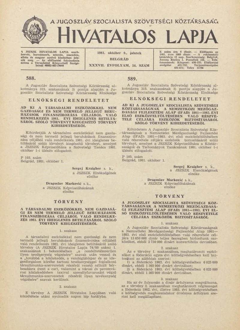 A Jugoszláv Szocialista Szövetségi Köztársaság Hivatalos Lapja, 37. évf. 1981. október 9. 54. sz. 1465–1472. oldal