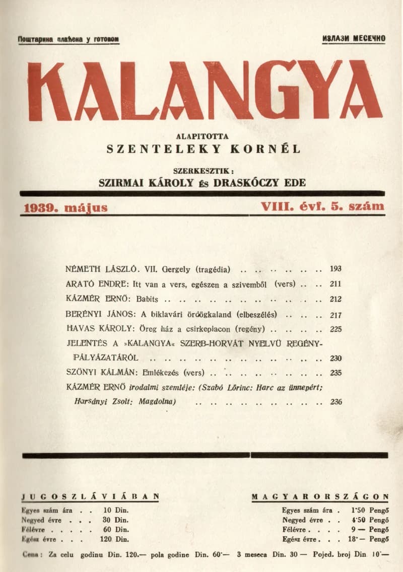 Kalangya, 8. évf. 1939. május. 5. sz. 193–240. oldal
