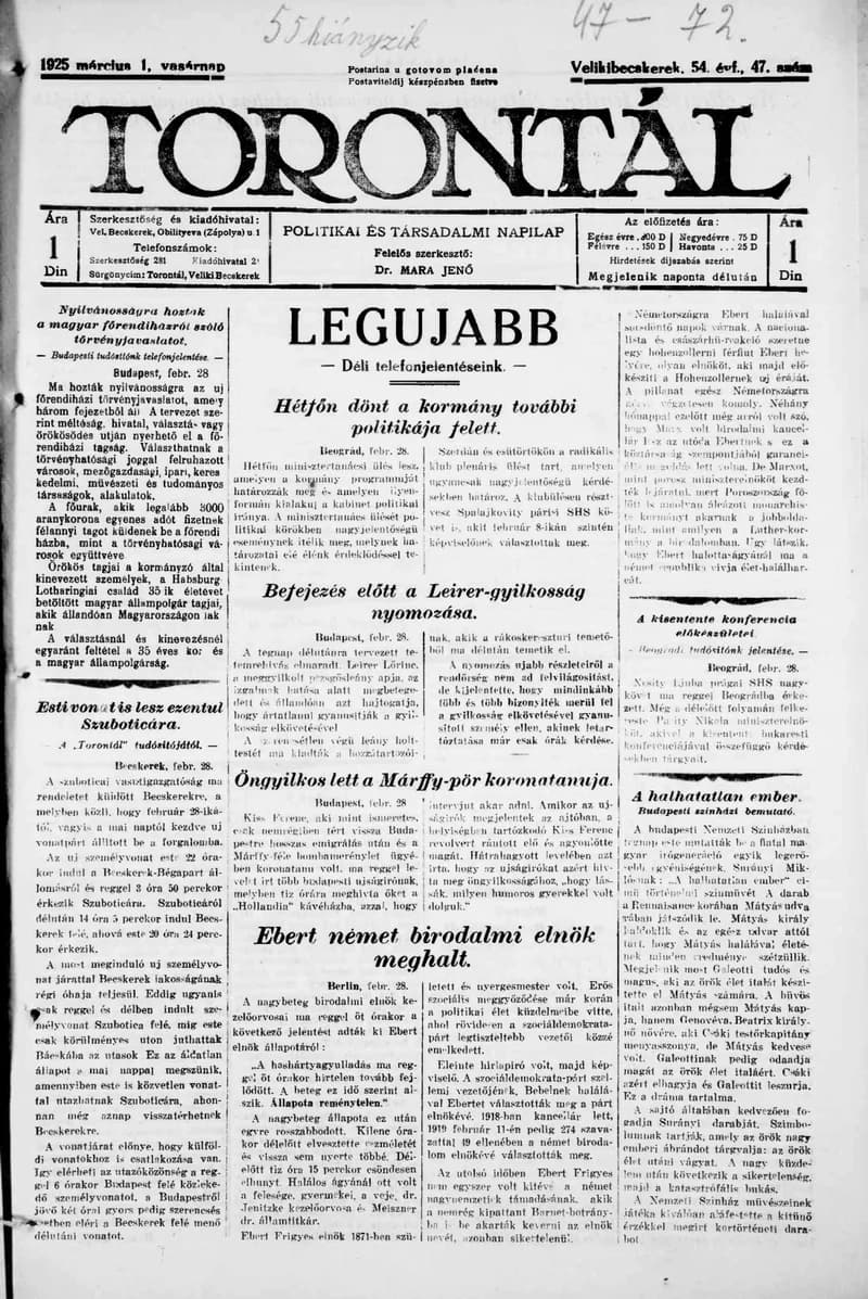 Torontál, 54. évf. 1925. március 1. 47. sz.