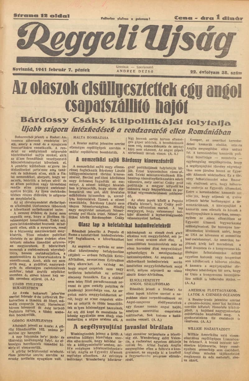 Reggeli Újság, 22. évf. 1941. február 7. 38. sz.