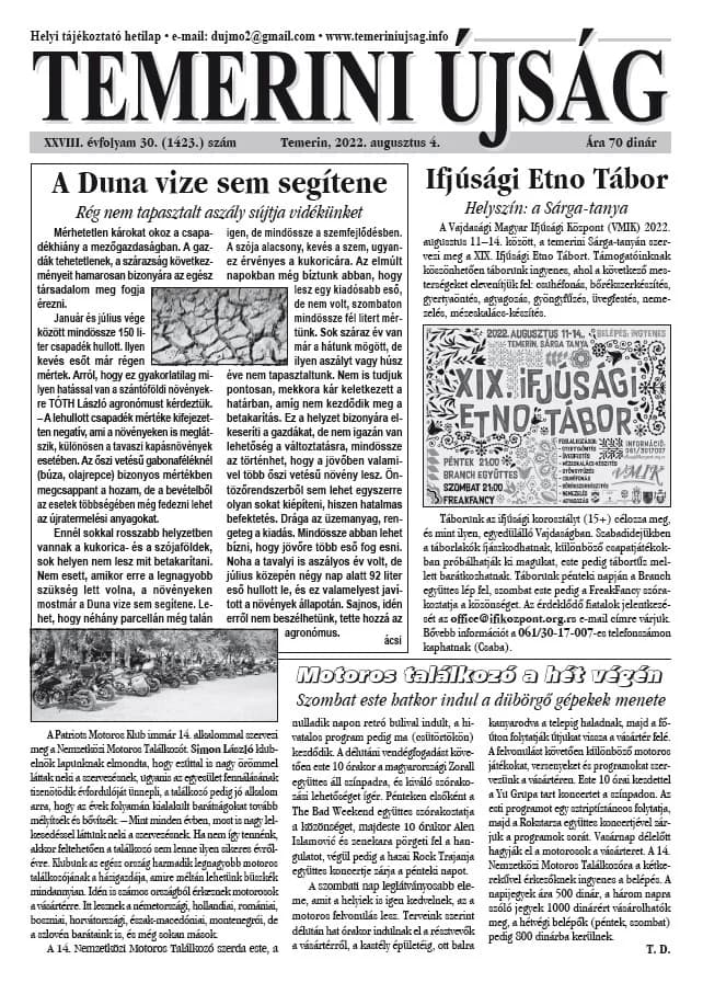 Temerini Újság, 28. évf. 2022. augusztus 4. 30. sz.