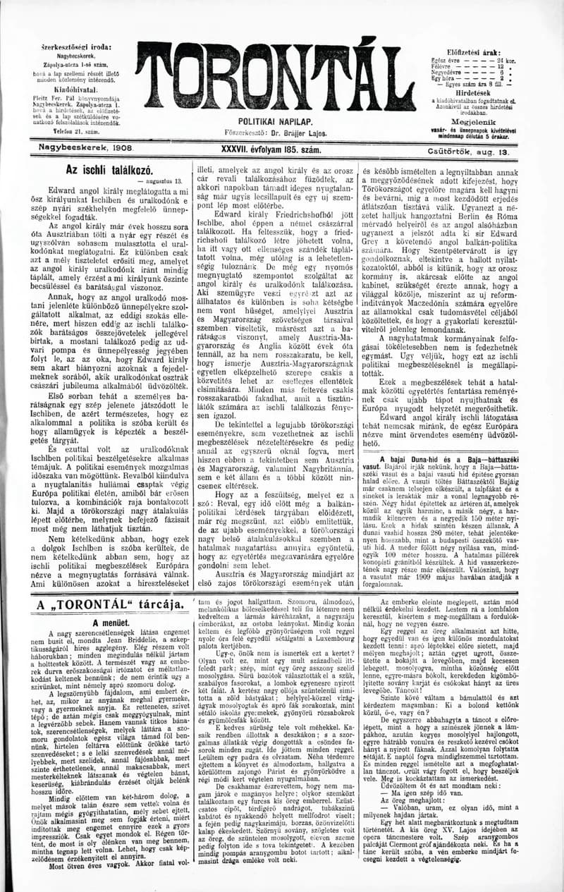 Torontál, 37. évf. 1908. augusztus 13. 185. sz.
