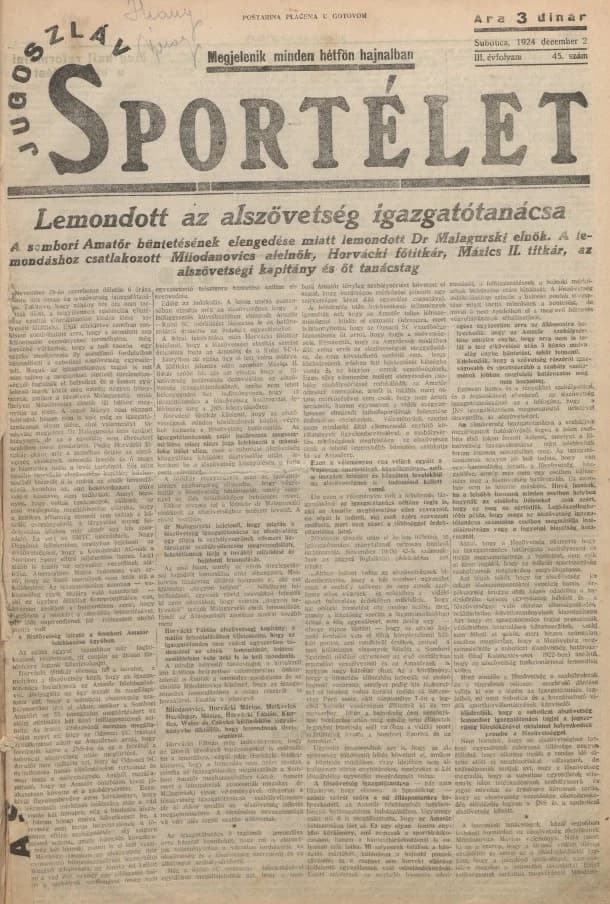Jugoszláv sportélet, 3. évf. 1924. december 2. 45. sz.