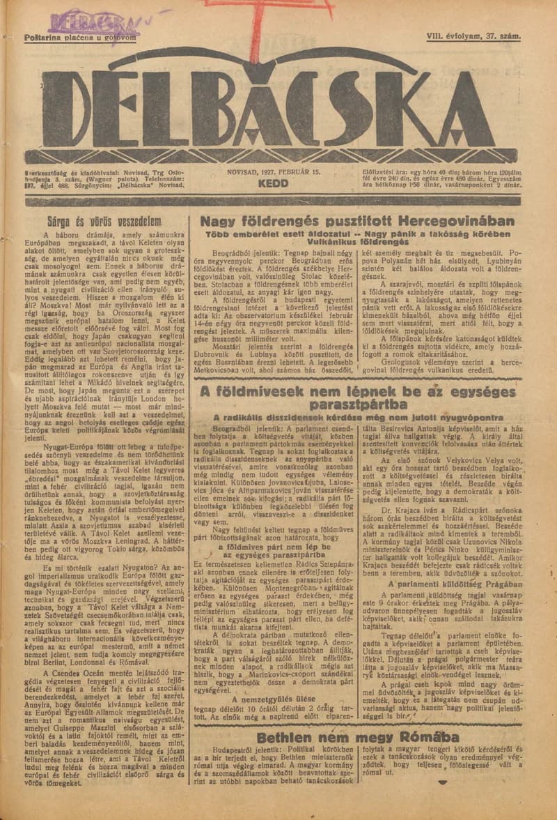 Délbácska, 8. évf. 1927. február 15. 37. sz.