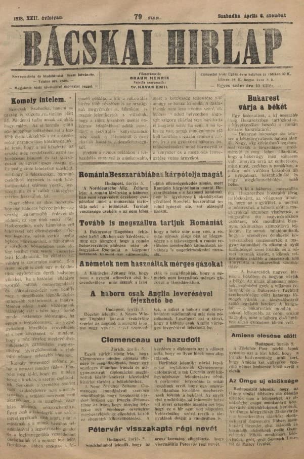 Bácskai Hirlap, 22. évf. 1918. április 6. 79. sz.