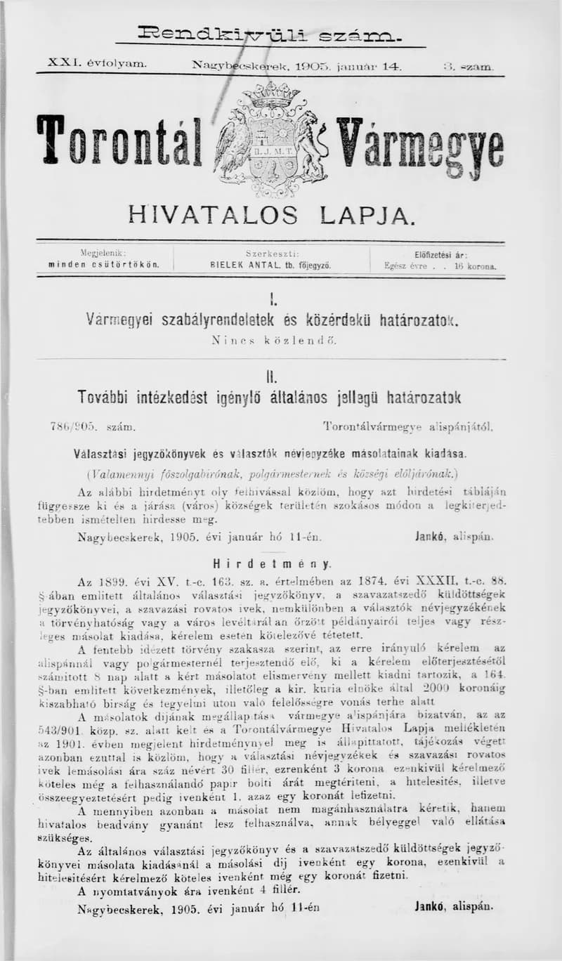 Torontál Vármegye Hivatalos Lapja, 21. évf. 1905. január 14. 3. sz.