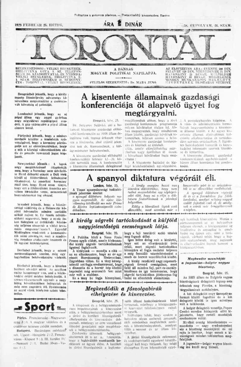 Torontál, 58. évf. 1929. február 25. 46. sz.