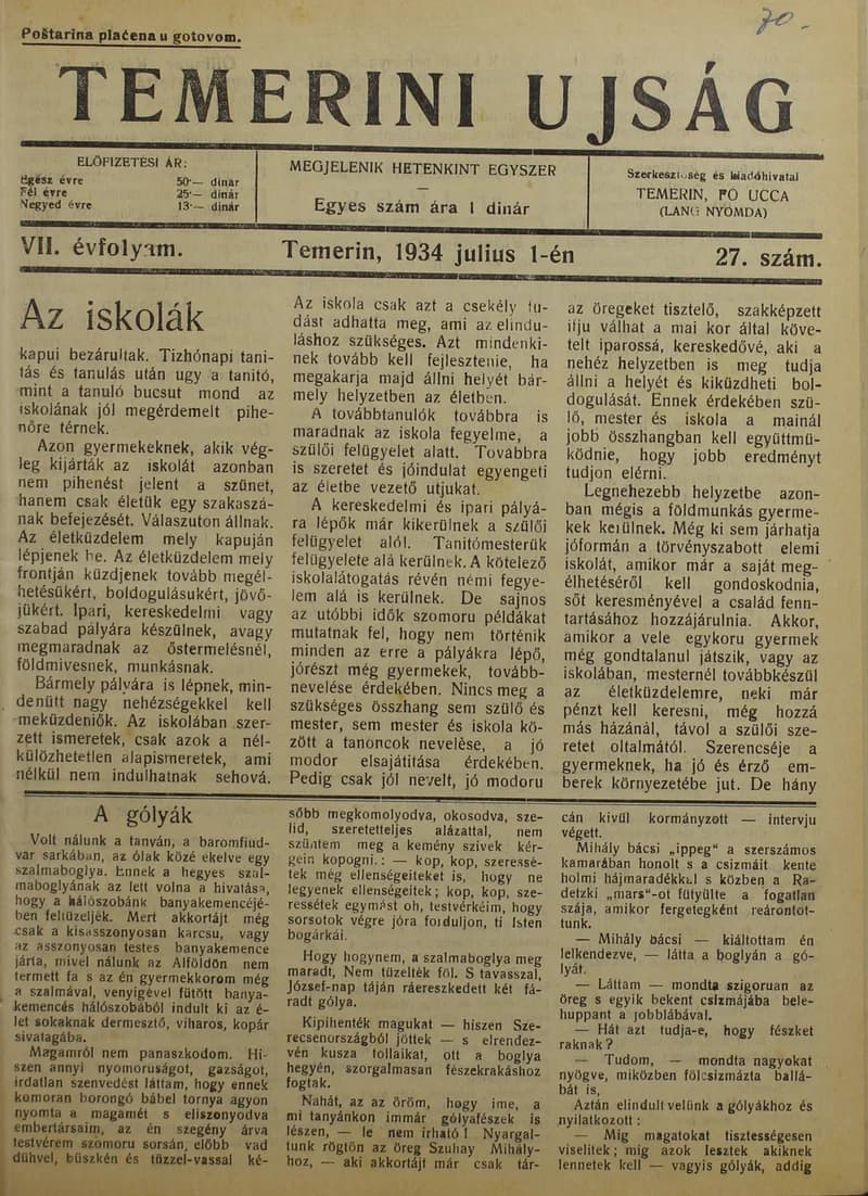 Temerini Újság 1928-1944, 7. évf. 1934. július 1. 27. sz.