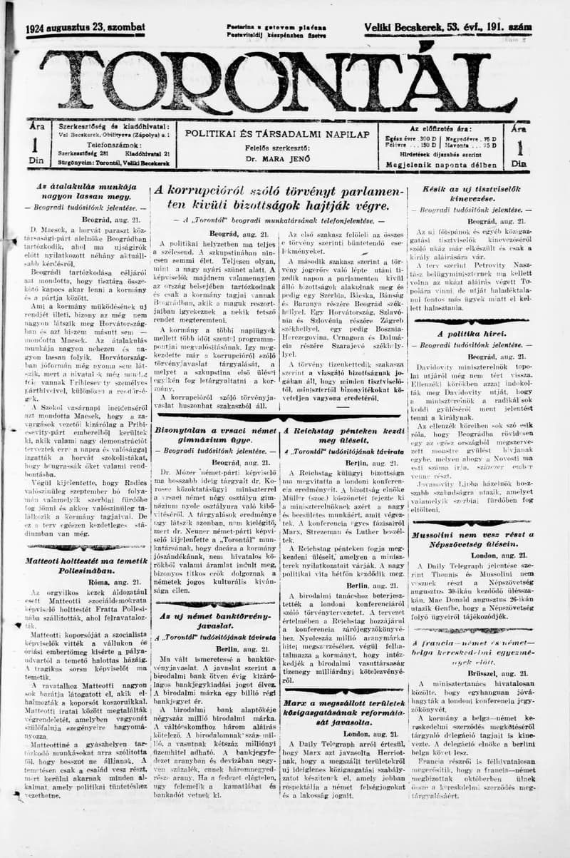 Torontál, 53. évf. 1924. augusztus 23. 191. sz.