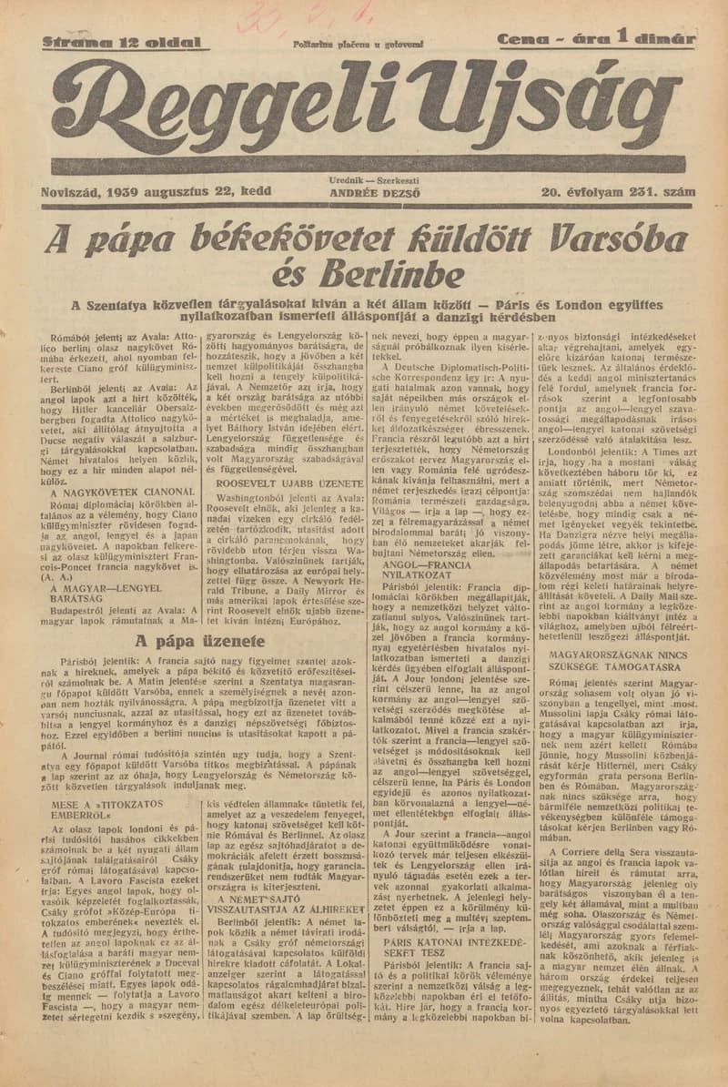 Reggeli Újság, 20. évf. 1939. augusztus 22. 231. sz.