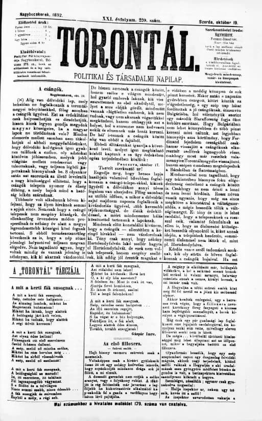 Torontál, 21. évf. 1892. október 19. 220. sz.