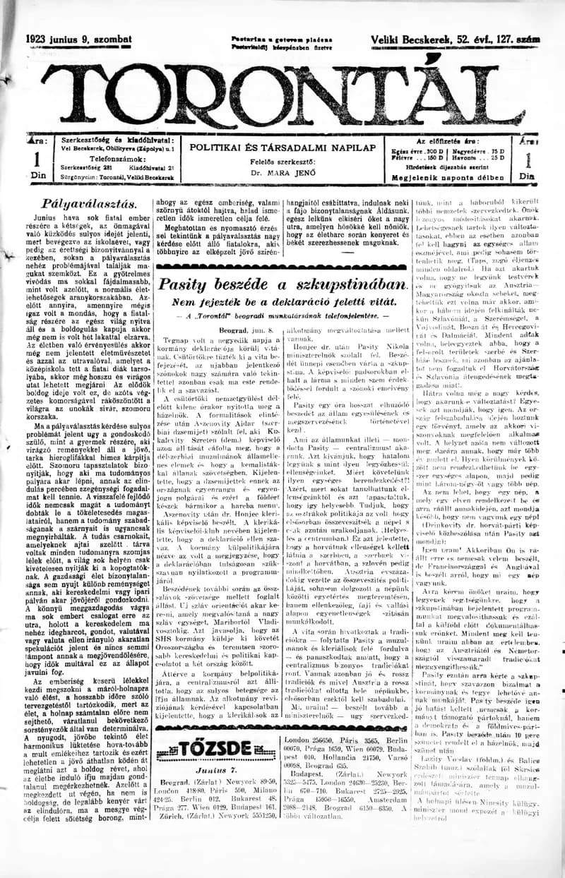 Torontál, 52. évf. 1923. június 9. 127. sz.