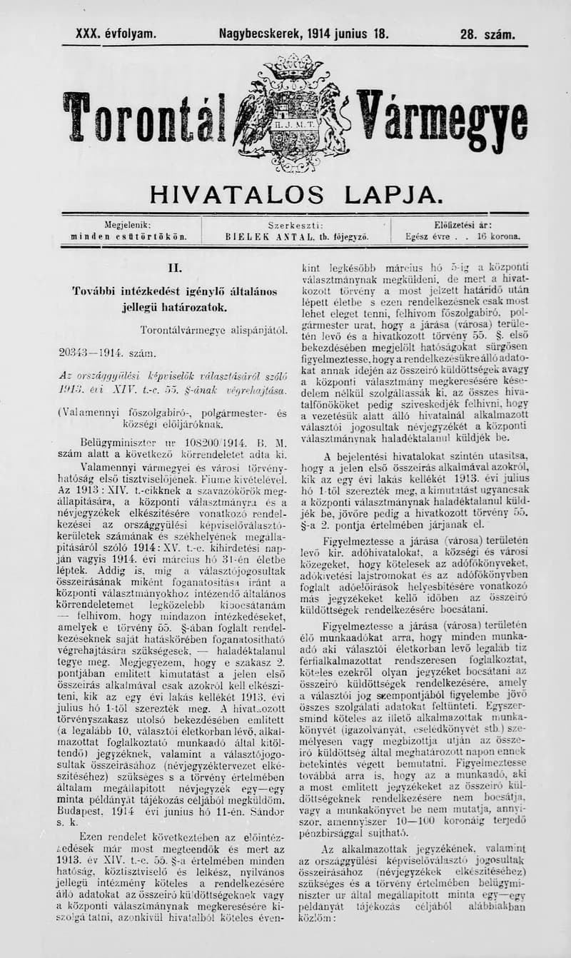 Torontál Vármegye Hivatalos Lapja, 30. évf. 1914. június 18. 28. sz.