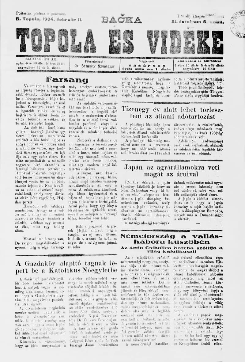 Bačka Topola és Vidéke, 11. évf. 1934. február 11. 6. sz.