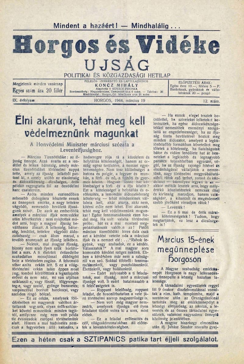 Horgos és vidéke, 9. évf. 1944. március 19. 12. sz.
