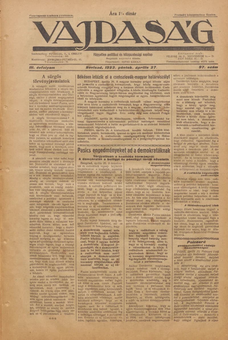 Vajdaság, 3. évf. 1923. április 27. 97. sz.