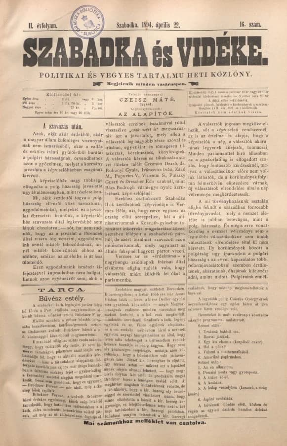 Szabadka és vidéke II, 2. évf. 1894. április 22. 16. sz.