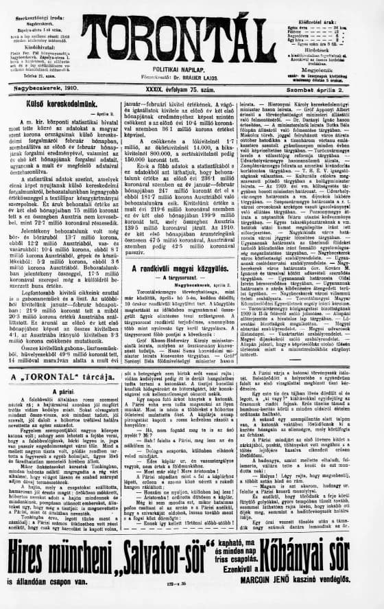 Torontál, 39. évf. 1910. április 2. 75. sz.