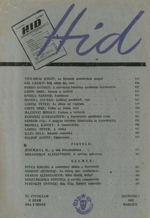 Híd, 11. évf. 1947. március. 3. sz. 129–192. oldal