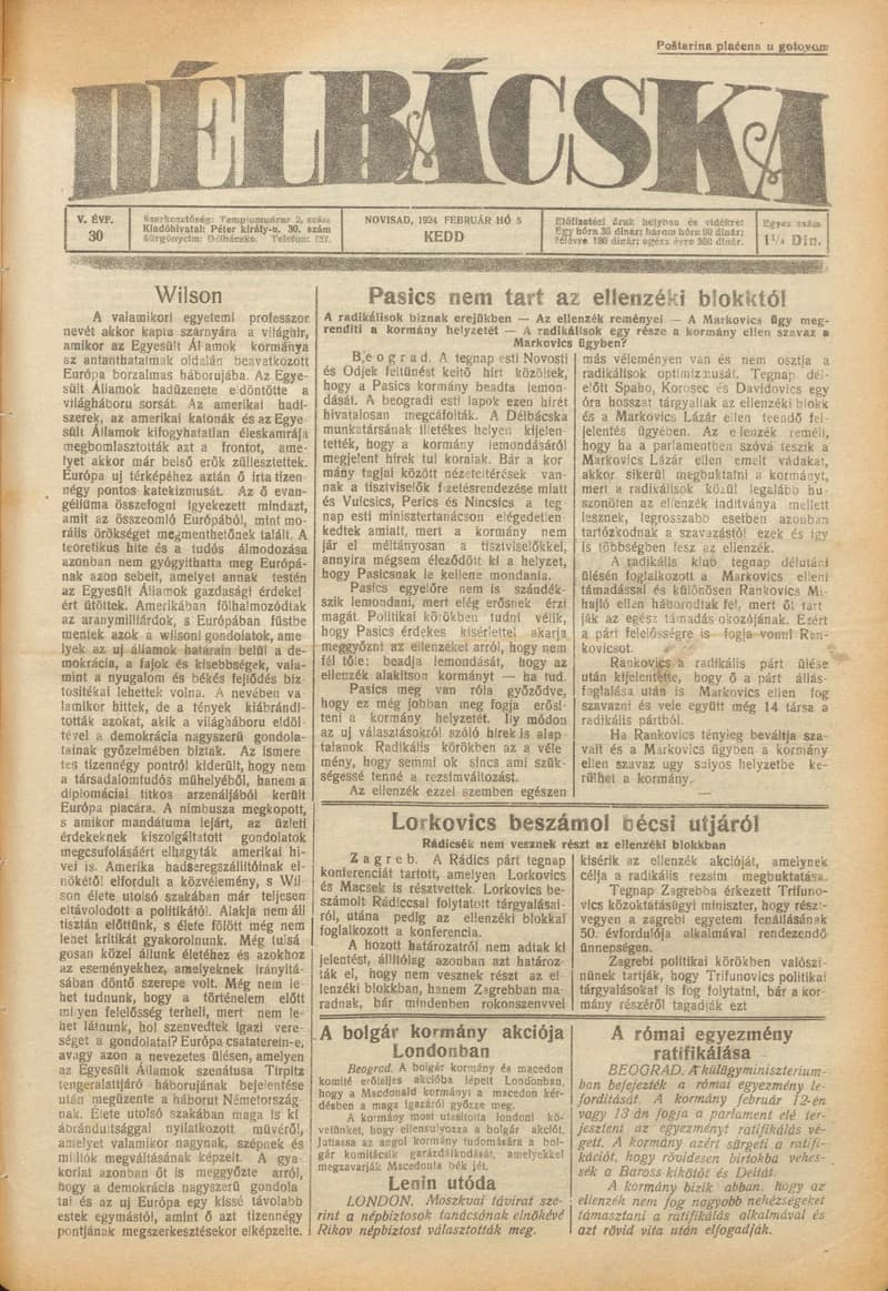 Délbácska, 5. évf. 1924. február 5. 30. sz.
