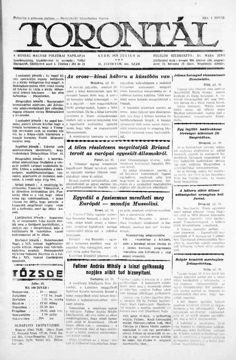 Torontál, 58. évf. 1929. július 16. 161. sz.